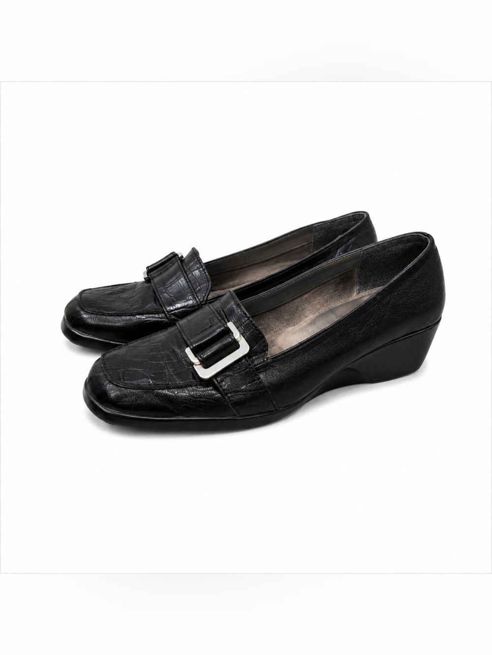 AEROSOLES Black Croc-Embossed Wedge Loafers with Silver Buckle Accent
